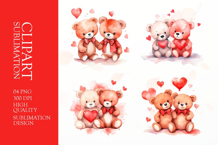 Valentines Day watercolor teddy bear Clipart example image 1