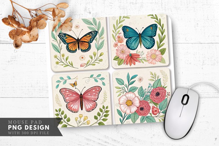Butterfly and Floral Coasters Mouse Pad PNG Design example image 1
