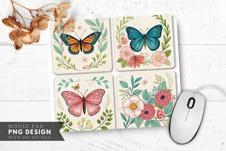 Butterfly and Floral Coasters Mouse Pad PNG Design