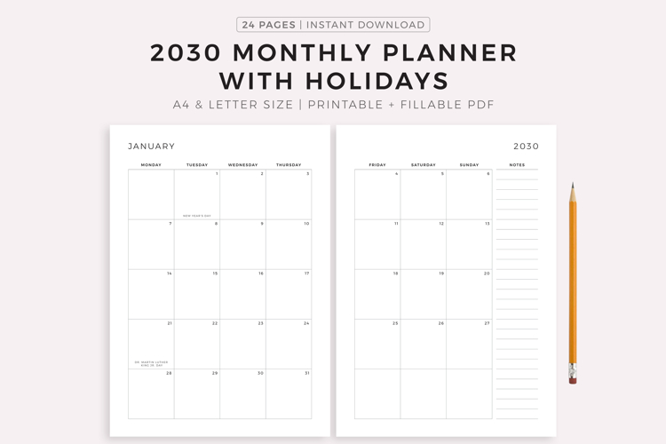 2030 Monthly Planner with Holidays, Dated Month on 2 Pages