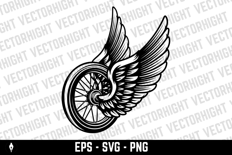 Black and white winged wheel illustration isolated on white