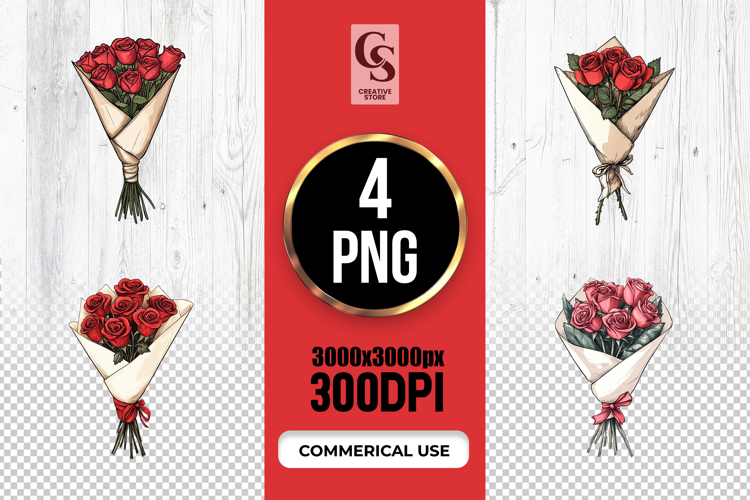 Red Rose Bouquet Wrapped Floral Clipart Sublimation PNG