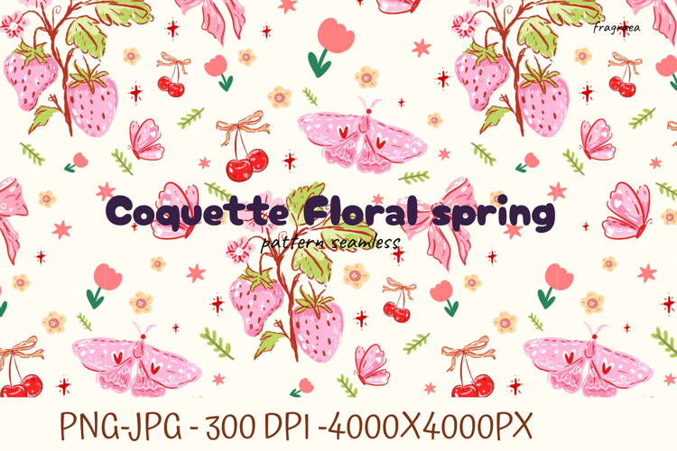 Coquette Spring floral Strawberry pattern seamless Fabric
