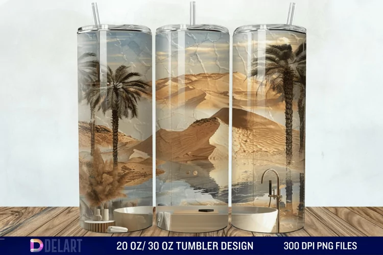 3D Tranquil Desert Oasis Stained Glass Tumbler Wrap