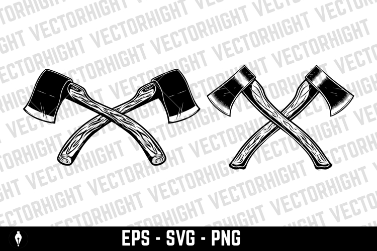 Lumberjack wood works. Crossed lumberjack axes on wooden stu