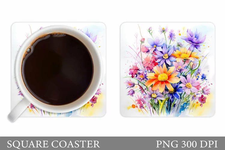 Wildflowers Coaster Design. Flowers Square Coaster Template