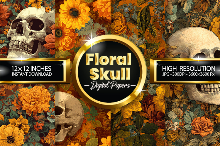 Flower Skull Digital Papers - 04 Variations