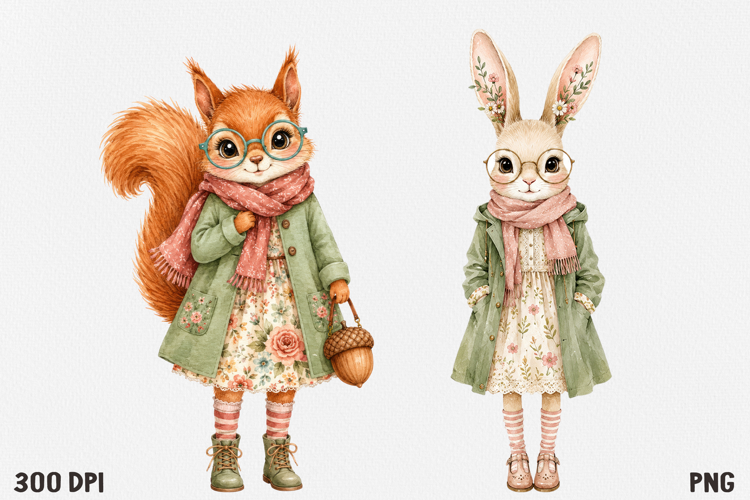 Cute Cottagecore Animal Watercolor Clipart PNG