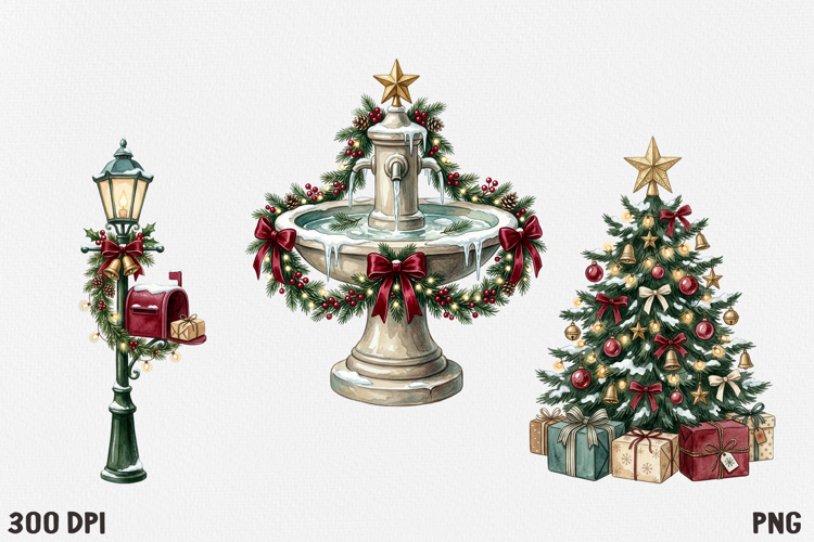 Christmas Village Watercolor Clipart PNG, Whimsical Holiday
