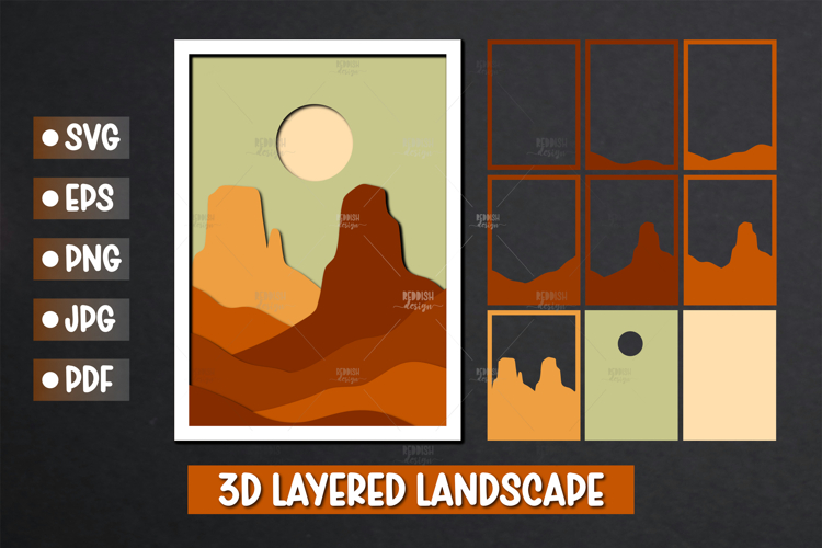 3D Layered Valley Desert Scene Papercut SVG Design