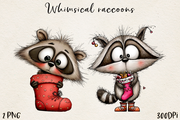 Whimsical Christmas Raccoon clipart, Sublimation PNG.