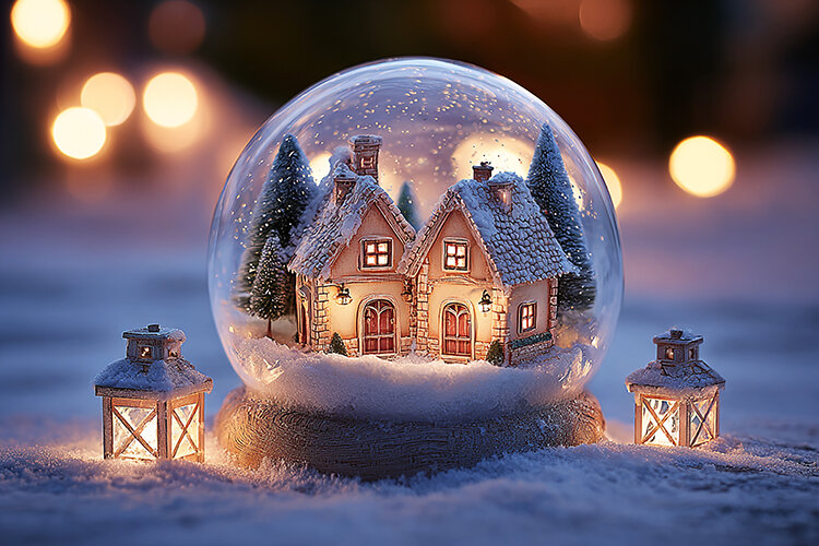 A miniature snow globe with a house and trees inside snowy