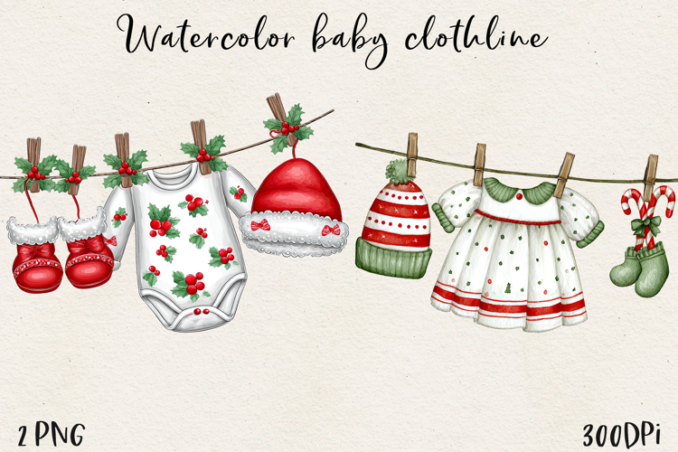 Watercolor Christmas Baby Clothesline Clipart PNG