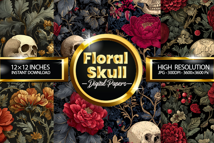 Floral Skull Digital Papers - 04 Variations