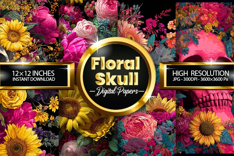Floral Skull Digital Papers - 04 Variations