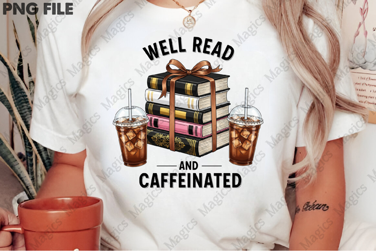 Well Read and Caffeinated Book Stack PNG
