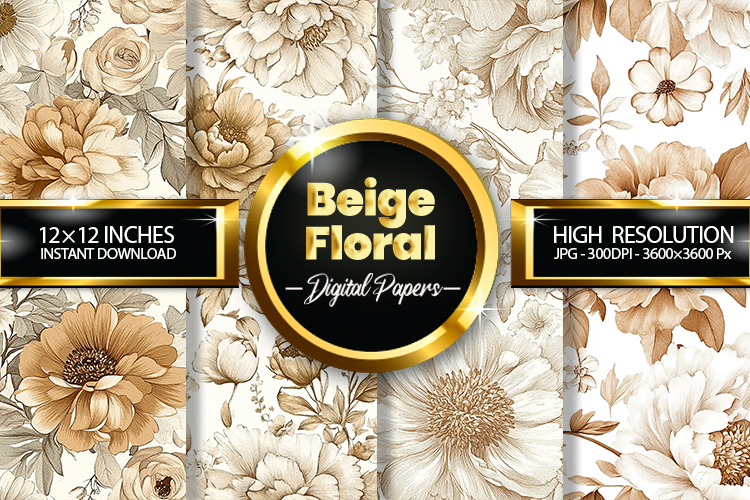 Beige Floral Digital Papers - 04 Variations