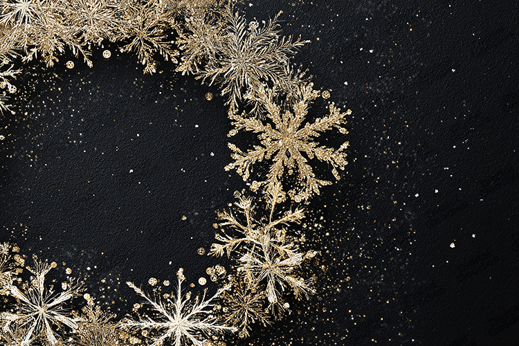 Golden Snowflake Wreath with Glitter on Black Background