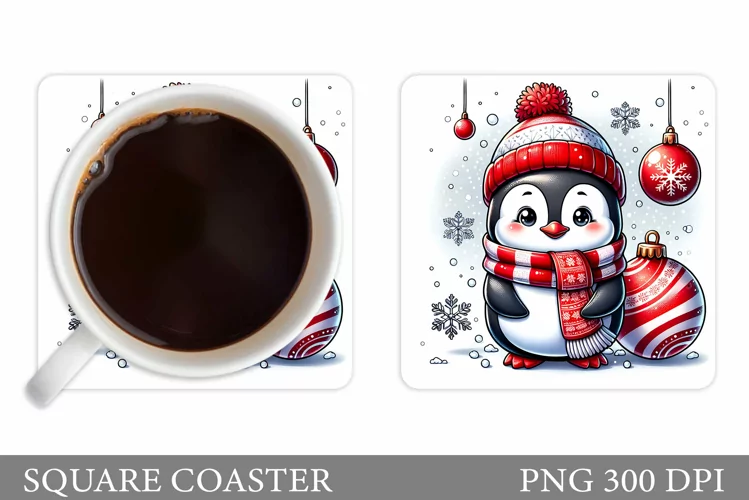 Cute Penguin Coaster Sublimation. Christmas Coaster Design