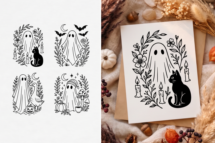 Cottagecore Ghost SVG, Floral Halloween Clipart, Line Art