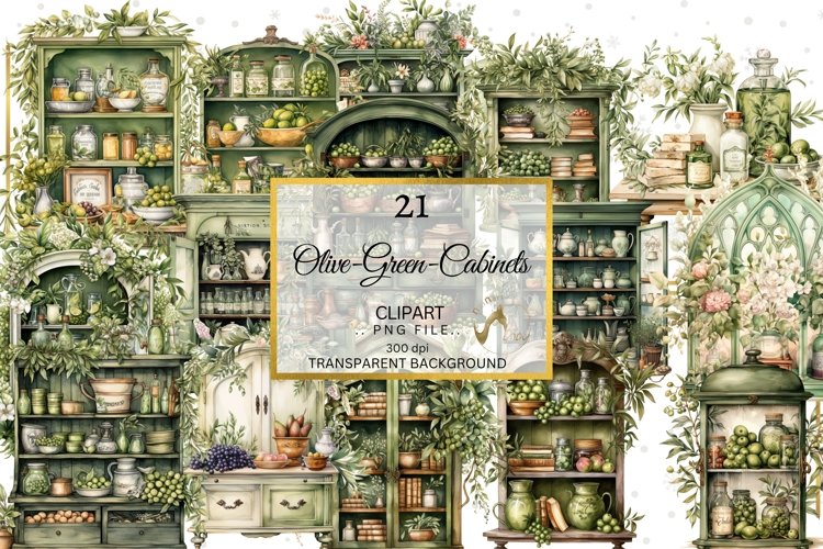 Watercolor Olive Green Cabinets Clipart Bundle
