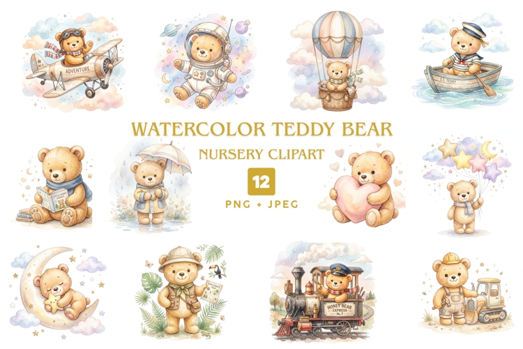 Watercolor Teddy Bear Nursery Clipart