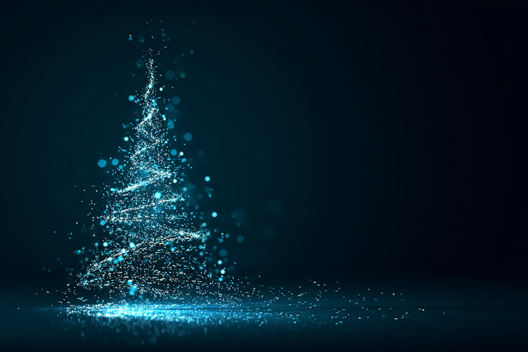 A glowing blue Christmas tree made of sparkling particles