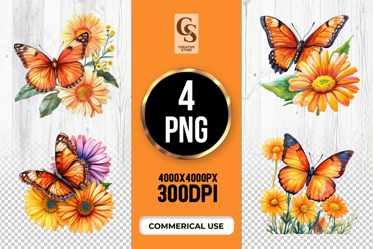 Orange Butterfly Daisy Clipart Sublimation PNG
