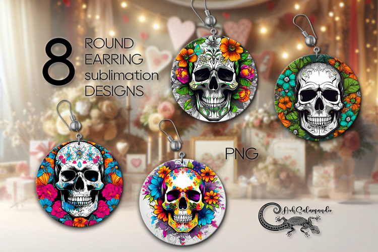Skull and flowers | Sublimation round earring design bundle