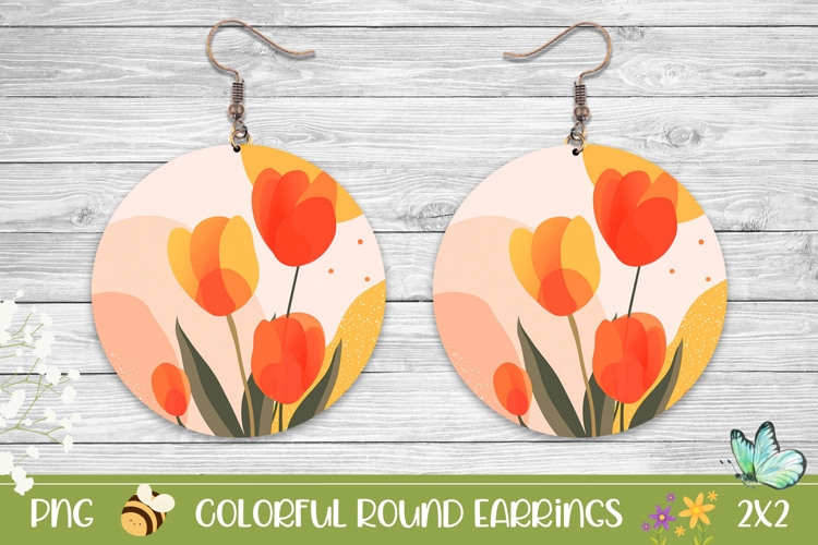 Art Tulips Earrings Print, Floral Round Earrings PNG