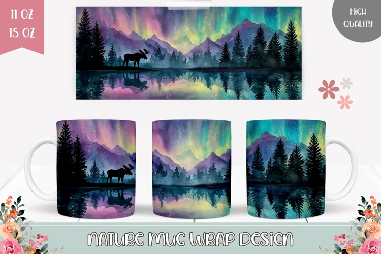 Watercolor Lake Mug Wrap, Night Forest Mug Template
