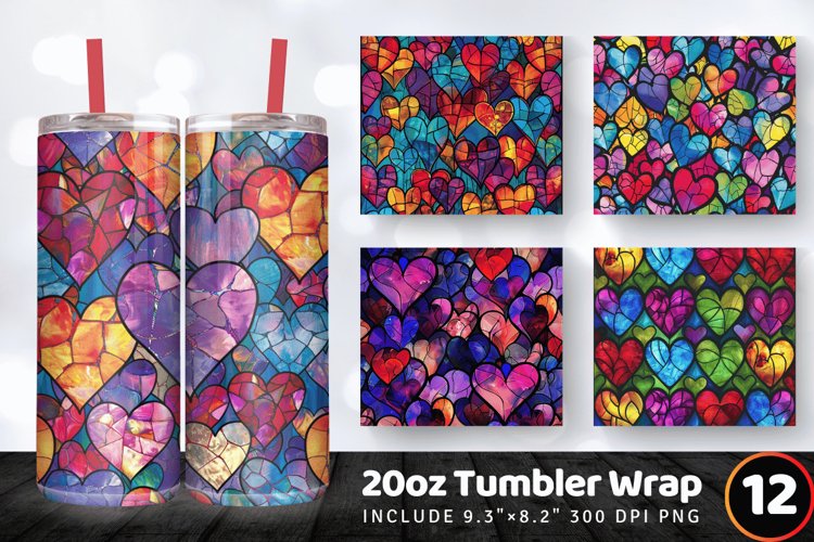 Stained Glass Hearts Tumbler Wrap, 20oz Skinny Tumbler Wrap
