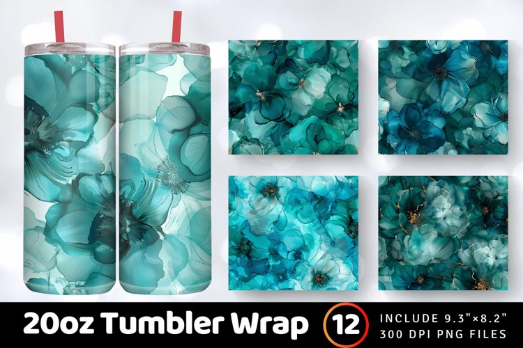 Teal Alcohol Ink Flowers Tumbler Wrap, 20oz Skinny Tumbler W