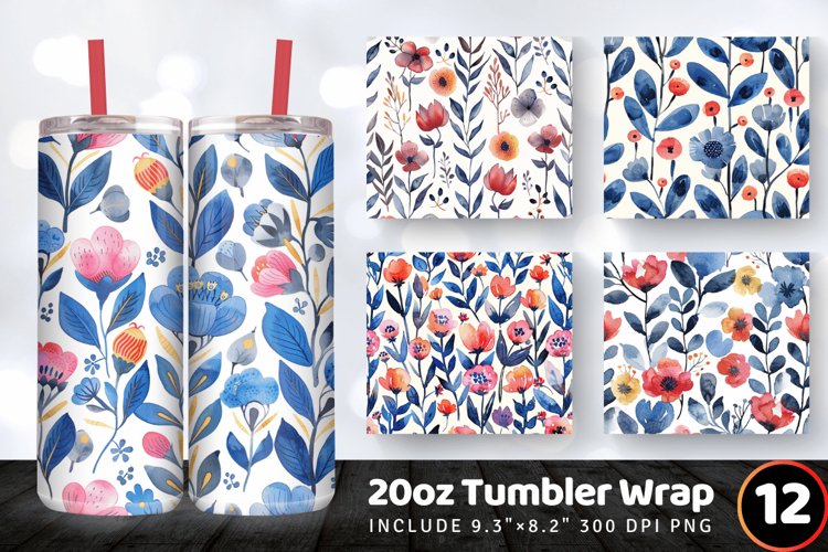 Watercolor Scandinavian Flowers Tumbler Wrap, 20oz Skinny Tu