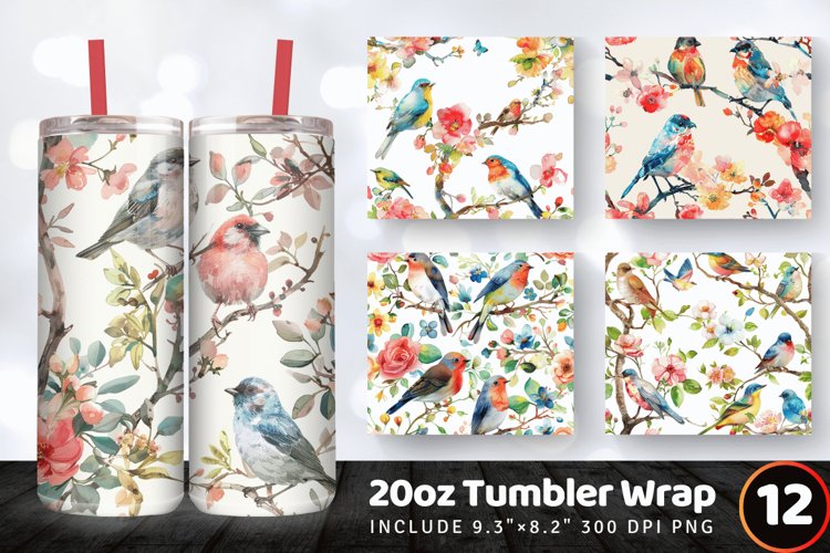 Watercolor Floral Birds Tumbler Wrap, 20oz Skinny Tumbler Wr