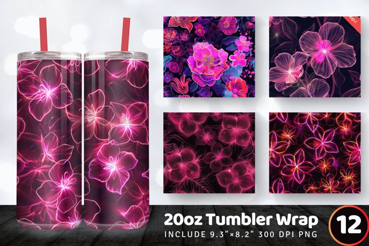 Bright Pink Neon Flowers Tumbler Wrap, 20oz Skinny Tumbler W