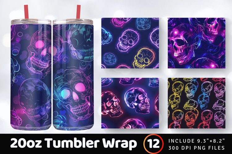 Neon Skulls Halloween Tumbler Wrap, 20oz Skinny Tumbler Wrap