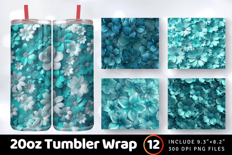 3D Turquoise Flowers Tumbler Wrap, 20oz Skinny Tumbler Wrap