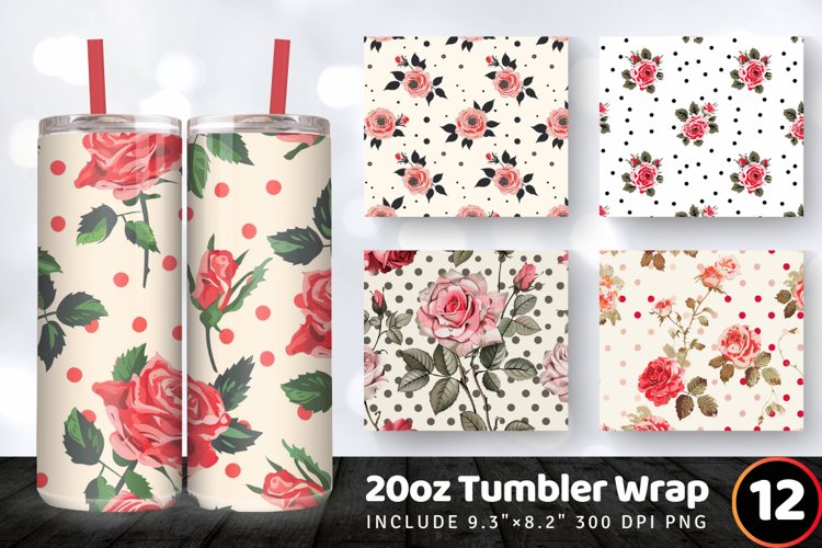 Polka Dots   Rose Flowers Tumbler Wrap, 20oz Skinny Tumbler