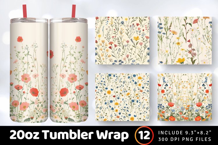 French Paper Cottage core Wildflowers Tumbler Wrap, 20oz Ski