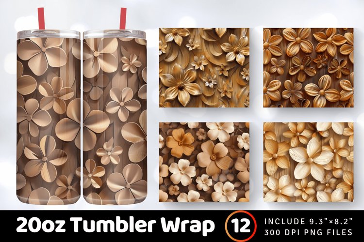 Wooden 3D Flowers Tumbler Wrap, 20oz Skinny Tumbler Wrap
