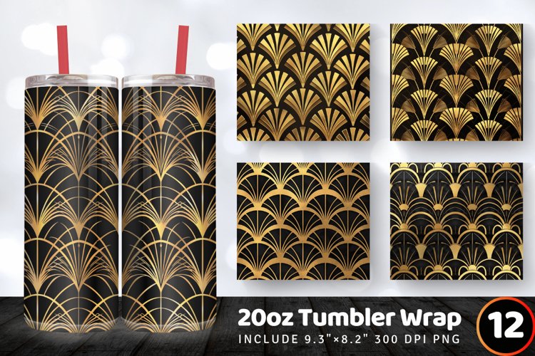 Black   Gold Art Deco Tumbler Wrap, 20oz Skinny Tumbler Wrap