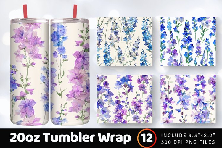 Watercolor Larkspur Flower Tumbler Wrap, 20oz Skinny Tumbler