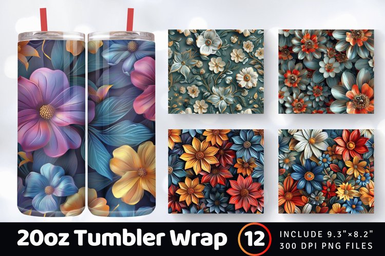 3D Boho Flowers Tumbler Wrap, 20oz Skinny Tumbler Wrap