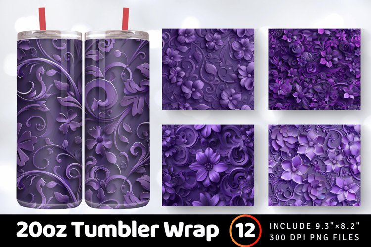 3D Violet Floral Tumbler Wrap, 20oz Skinny Tumbler Wrap