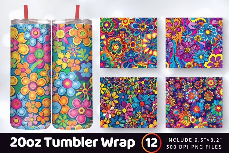 Rainbow Hippie Flowers Tumbler Wrap, 20oz Skinny Tumbler Wra