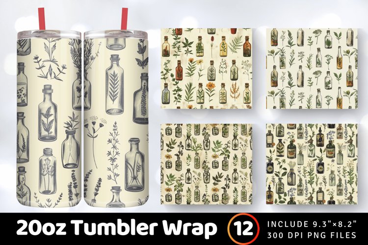 Vintage Botanical Herbs Bottles Tumbler Wrap, 20oz Skinny Tu