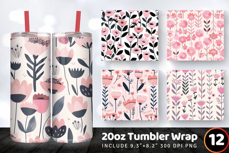 Pink Scandinavian Flowers Tumbler Wrap, 20oz Skinny Tumbler