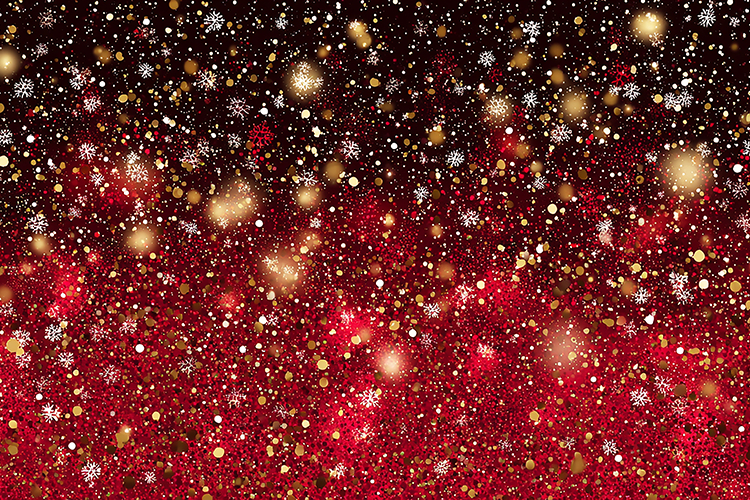A vibrant red and black background with sparkling snowflakes
