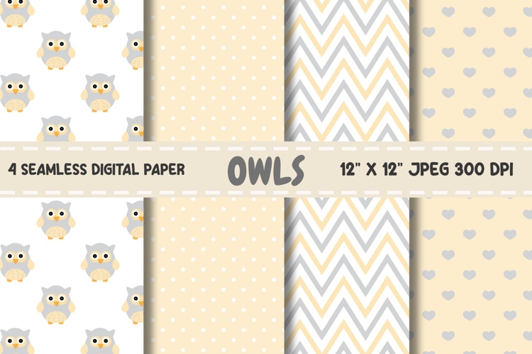 Owls Digital Paper, Yellow Owls Seamless Pattern.